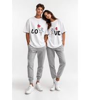 Sevgili Kombini Love Baskılı Çift Tişört Oversize Unisex Partner Kombin Seti (Beyaz)