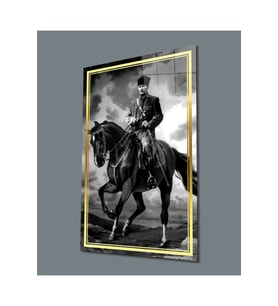 Miyrem Glasses Collection -A1^#  Gold Şerit Siyah Beyaz At Üzerinde Atatürk Cam Tablo (Çok Renkli)