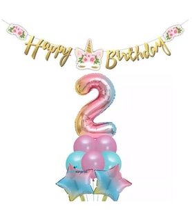 Çiçekli Unicorn 2 Yaş Gökkuşağı Balon Set