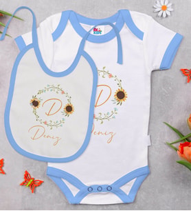 BK Kids Kişiye Özel Harfli İsimli Mavi Bebek Body Zıbın ve Mama Önlüğü Hediye Seti-3