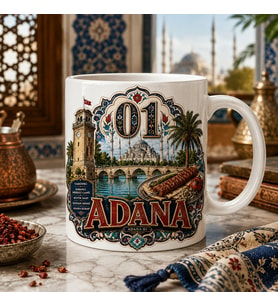 Adana Temalı Hediyelik Kupa Bardak - 01 Plaka Çini ve Selçuklu Motifli Özel Tasarım Kupa