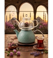 EMAYE CAM ÇAYDANLIK TURKUAZ ÇİZGİ
