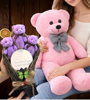 Premium Ayıcık Buketi Seti Büyük Boy Peluş Ayıcık ve Aynalı Mor Ayıcık Buketi (Model 2)