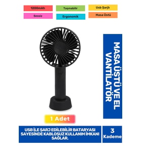 Sessiz 3 Kademeli Hafif Kablosuz 1200mAh Pervaneli Taşınabilir Usb Şarjlı Masa El Fanı Vantilatör