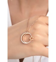 Kadın Orjinal 925 Ayar Gümüş Zirkon Taşlı Ay Yıldız Model Kolye (Rose)