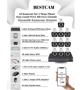 BESTCAM 10 Kameralı Set 5 Mega Piksel Sony Lensli FULL HD Gece Görüşlü Güvenlik Kamera Seti 500 GB Hard disk