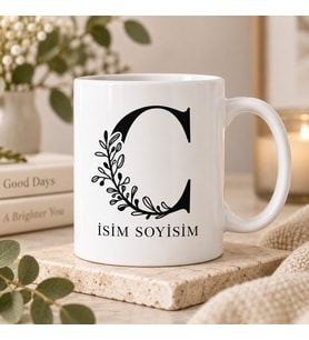 Kişiye Özel Baş Harf ve İsim Yazılı Motifli Detaylı C Harfli Seramik Kupa Bardak