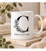 Kişiye Özel Baş Harf ve İsim Yazılı Motifli Detaylı C Harfli Seramik Kupa Bardak