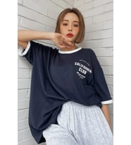 Unisex Lacivert Yaka Kol Detaylı California Club Baskılı Oversize T-shirt