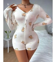 Amora Secret Pamuklu Beyaz Ayıcık Desenli Düğmeli Uzun Kol Tulum Pijama