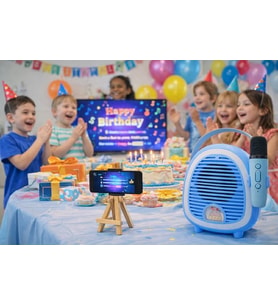 Çocuk Karaoke Mikrofon Seti Bluetooth Hoparlör Ahşap Tripod Telefon Standlı Retro Mavi Karaoke