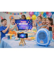 Çocuk Karaoke Mikrofon Seti Bluetooth Hoparlör Ahşap Tripod Telefon Standlı Retro Mavi Karaoke