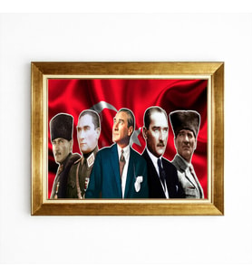 Tablore Atatürk Kolajı Türk Bayrağı Detaylı Altın Çerçeveli Kanvas Tablo