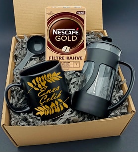 Kişiye Özel Gold İsim Baskılı Mat Siyah Kupa & French Press & Nescafe Gold Filtre Kahve