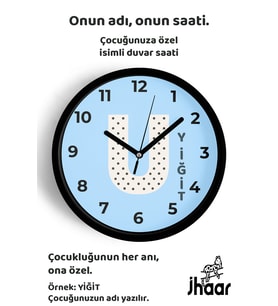 İsme Özel U Harfi Çocuk Odası Duvar Saati Orta Boy 30 cm Siyah Camlı Sessiz