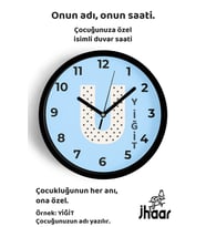 İsme Özel U Harfi Çocuk Odası Duvar Saati Orta Boy 30 cm Siyah Camlı Sessiz