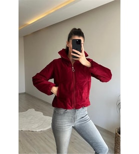 Neşeli butik kadın fitilli desen kadife kısa şişme mont NM005