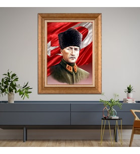 Altın Varaklı Çerçeveli Paspartulu Atatürk Tablo z4573 (Gold)
