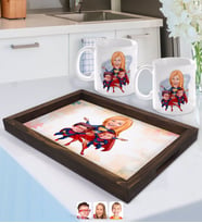 BK Gift Kişiye Özel Süper Anne Süper Çocuklar Karikatürlü Doğal Ahşap Tepsi ve 2’li Kupa Bardak Seti-1