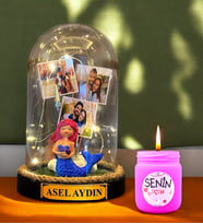 Kişiye Özel İsimli 3 Fotoğraflı Fanus ve Pembe Mis Kokulu Mum  Kişiye Özel Hediye Seti (Model 7)
