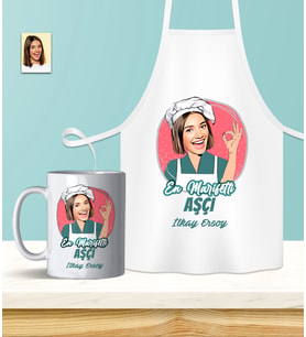 Kişiye Özel En İyi Chef- Aşçı Karikatürlü Mutfak Önlüğü & Kupa Seti