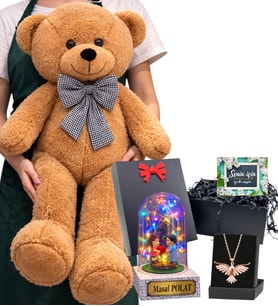 Kahve Büyük Boy Peluş Ayıcık, Size Özel Renkli Işıklı Fanus ve Anka Kuşu Kolye (Model 1)