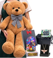 Kahve Büyük Boy Peluş Ayıcık, Size Özel Renkli Işıklı Fanus ve Anka Kuşu Kolye (Model 1)