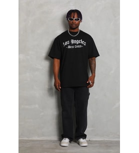 Erkek Baskılı Tişört Kısa Kol Bisiklet Yaka Oversize T-Shirt - Siyah