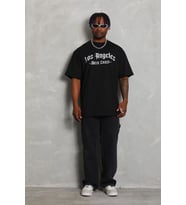 Erkek Baskılı Tişört Kısa Kol Bisiklet Yaka Oversize T-Shirt - Siyah