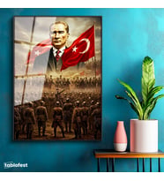 Siyah Renk Metal Çerçeveli Tamperli Cam Tablo Atatürk Kurtuluş Savaşı Ordu Bayrak Atatürk Tablosu Duvar Dekoru