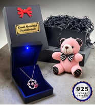 Kişiye Özel ve Ayıcıklı 925 Ayar Gümüş Laleli Kolye 100 Dilde Seni Seviyorum Rose Kaplama Zirkon Taşlı Kadın Kolye