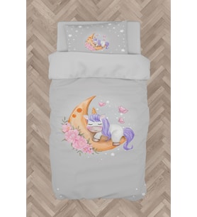 MEKTA HOME BEBEK VE ÇOCUK ODASI Aya Sarılan Unicorn Desenli Gri Nevresim Takımı