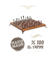 MC34 Metal Satranç Takımı  Gerçek Kayın Ağacı Satranç Tahtası - 25x25cm  Antik Metal Taşlar (Kahverengi - Bej)