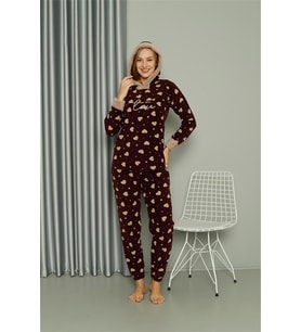 Akbeniz Welsoft Polar Kadın Kapşonlu Pijama Takımı 8513 (Bordo)