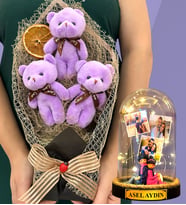 Kişiye Özel Led Işıklı Fanus ve Büyük Boy Mor Peluş Ayıcık Buketi - Premium Hediye Seti (Model 8)