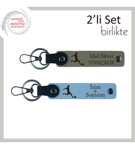 Sporcu Gence Özel Kişisel Anahtarlık Hediye, Futbol Figürlü Deri Anahtarlık Takımı, Kül Gri-Gök Mavi