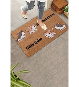 Valerine Life Sarı Siyah Yavru Kediler Hoş Geldiniz ve Güle Güle Kapı Önü Paspası 45x70cm