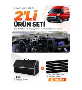 FIAT DUCATO (2006-2014) X250 Uyumlu Torpido Örtüsü + Deri Bagaj Çantası + Sticker Seti - Siyah Gri