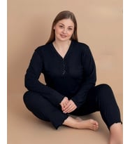 Pijamerry Kadın Büyük Beden Dantel Yaka Bambu Uzun Kol İnce Pijama Takımı 5544 - 1 Adet (Siyah)