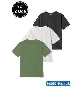 Erkek 3lü Paket Antrasit Melanj-Beyaz-Yeşil Pamuklu Oversize Tişört Bisiklet Yaka Kısa Kollu T-Shirt