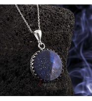 Yassı Lapis Lazuli Taşı Yuvarlak Kesim 925 Ayar Gümüş Zikzak İşlemeli Kolye