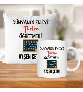 Dünyanın En İyi Türkçe Öğretmeni Baskılı Kişiye Özel Kupa Bardak Ve Saten Yastık