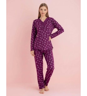 Pijamerry Kadın Bambu Baharlık Dantel Yaka Uzun Kol İnce Pijama Takımı 5206M - 1 Adet (Mor)