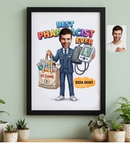Kişiye Özel Karikatürlü Erkek Eczacı Siyah Çerçeve Tıp Bayramı Hediyesi