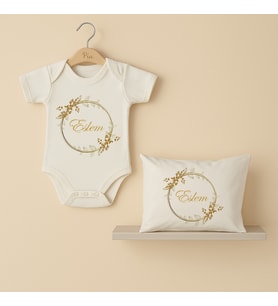Pia Baby Premium %100 Pamuk İsme Özel Organik Baskılı Çıtçıtlı Bebek Body Ve Yastık Kılıfı 5049-19 (Ekru)