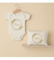 Pia Baby Premium %100 Pamuk İsme Özel Organik Baskılı Çıtçıtlı Bebek Body Ve Yastık Kılıfı 5049-19 (Ekru)