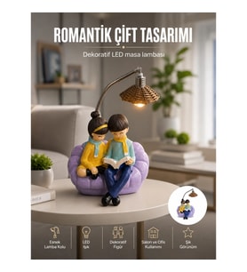 Mey İthalat® Romantik Çift Figürlü Okuyan Çift Masa Lambası Dekoratif LED Aydınlatma