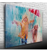 Yağmurda Koşan Çocuk ve Köpeği Kanvas Tablo 50 x 70