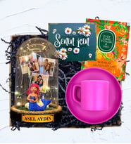 İsimli, 3 Fotoğraflı ve Işıklı Fanus & Pembe Kahve Fincanı  Kişiye Özel Premium Set (Model 7)