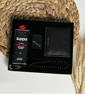 Özel Erkeklere Lüks Kutulu Deri Cüzdan & Zippo Benzin Metal Çakmak Tespih Hediye Seti LK72G